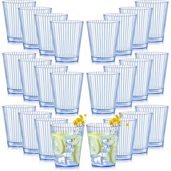 24 PCS Plastic Ribbed Drinking Glasses 10oz Blue Unbreakable Vintage Ripple Stemless Wine Glasses Cocktail Tumbler Glass Cups Disposable Retro Glasses Drinkware for Wedding Baby Shower Birthday Party