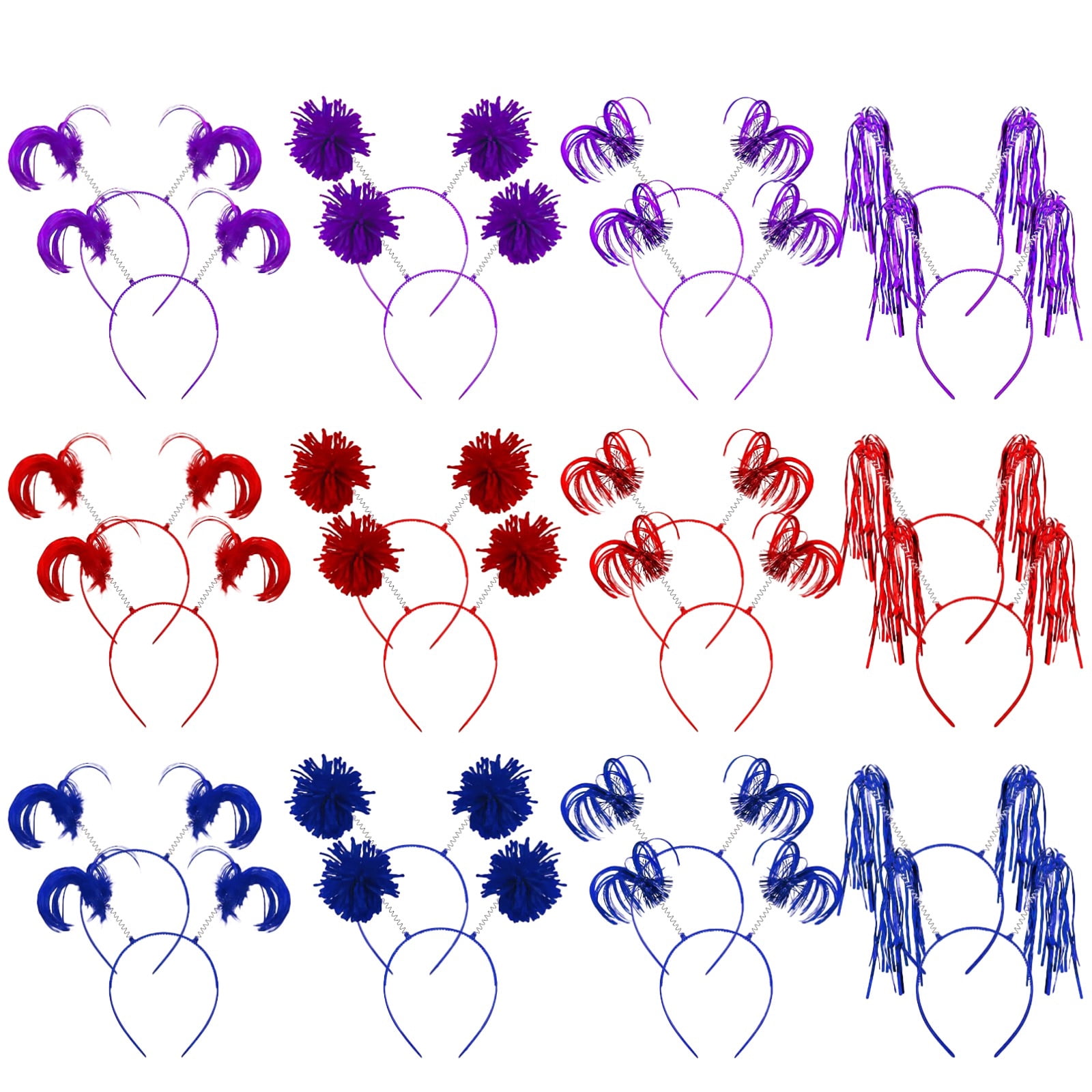 24 PCS Pom Pom Headbands,Ponytail Head Bopper Costume Headwear, Red,Purple,Deep Blue Headbands with Tassels,Party Favors