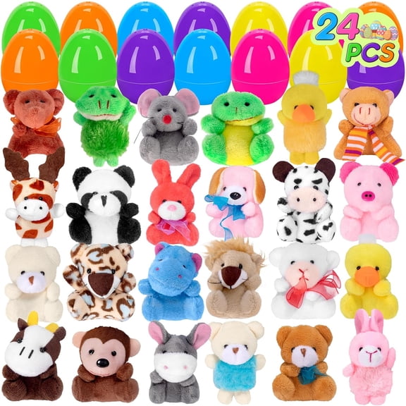 24 PCS Prefilled Plastic Easter Eggs with Mini Plush Animal Toys Easter Basket Stuffers for Kids Easter Egg Hunt Prizes and Party Favors