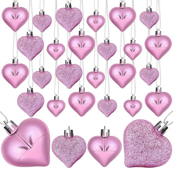 24 PCS Red Heart Ornaments - 3 Different Finishes Heart Shaped Hanging Decor for Valentine's Day, Wedding, Mother's Day, Anniversary, Christmas Tree & Party