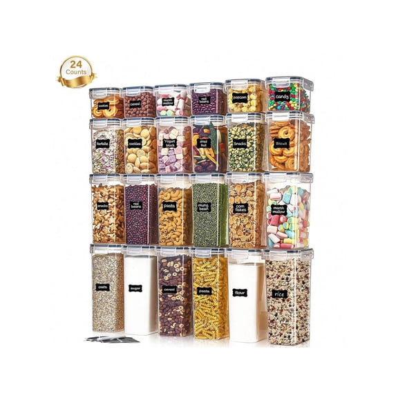 24 PCS Sealed Plastic Food Storage Containers, Kitchen Pantry Storage Organizer For Storing Sugar, Flour, Baking Supplies, Comes With Labels & Marker, Halloween Candy Storage Box