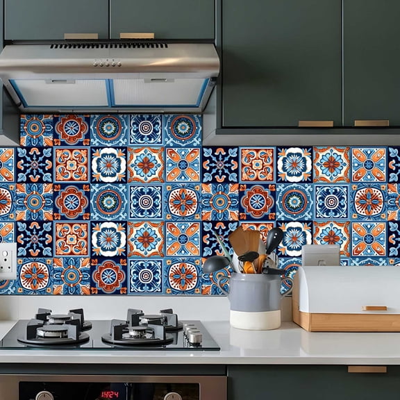 24 PCS Self-adhesive Backsplash Tiles Moroccan Style DIY Tile Stickers Waterproof Oil Proof Wall Stickers for Furniture Staircase Kitchen Bathroom Back Splashes Home Decor(6 x 6 inch)