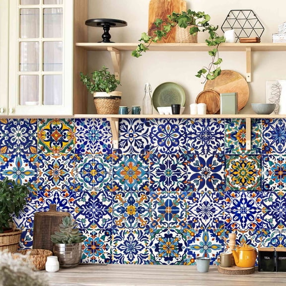 24 PCS Self-adhesive Backsplash Tiles Moroccan Style DIY Tile Stickers Waterproof Oil Proof Wall Stickers for Furniture Staircase Kitchen Bathroom Back Splashes Home Decor(6 x 6 inch)