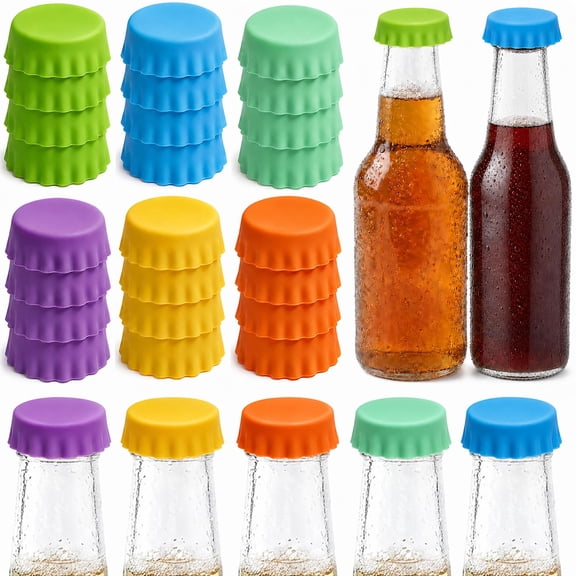 24 Pack Silicone Beer Bottle Caps, Reusable Drink Covers for Glass Bottles, Soda Wine Saver Tops, Home Brewing Kitchen Gadgets Accessories, 6 Colors