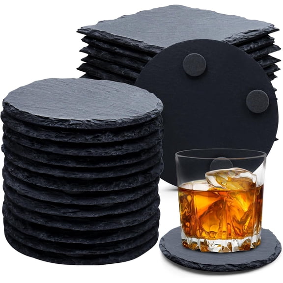 24 PCS Slate Drink Coasters, 4 Inch Black Coasters Stone Cup Coaster Bulk Set, Laser Engraving Blanks Handmade Coaster for Halloween, Christmas, Home Decor Drink Bar Kitchen Gifts