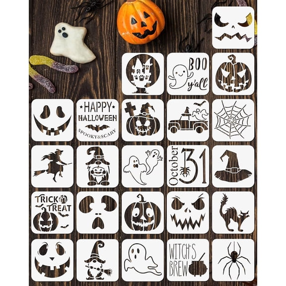 24 PCS Small Halloween Stencils for Painting on Wood, 3x3 inch | Reusable Stencils,Halloween Pumpkin Stencils Reusable for Wood DIY Ornaments Halloween Decoration