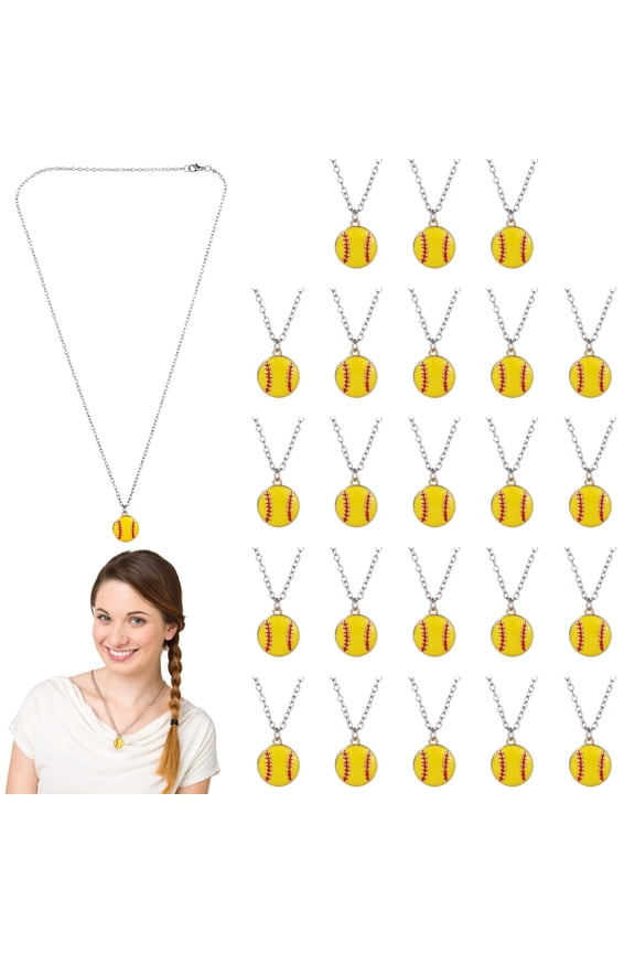 24 PCS Softball Necklaces, Yellow Sports Pendant Chain, Baseball Themed Jewelry for Players, Fans, School Spirit Events, Game Day Accessories, Theme Party Favors
