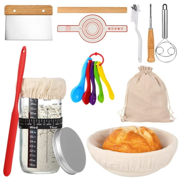 24 PCS Sourdough Fermentation Jar Kit with 9'' Round Oval Bread Proofing Basket, Scraper, Sourdough Bread Baking Supplies for Beginners with Thermometer Feeding Date Band