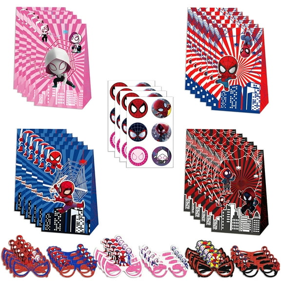 24 PCS Spidey Party Favor Bags, Spidey Gift Bags with Stickers and 24 PCS Paper Glasses Candy Goodie Bags Treat Bags for Birthday Party Supplies
