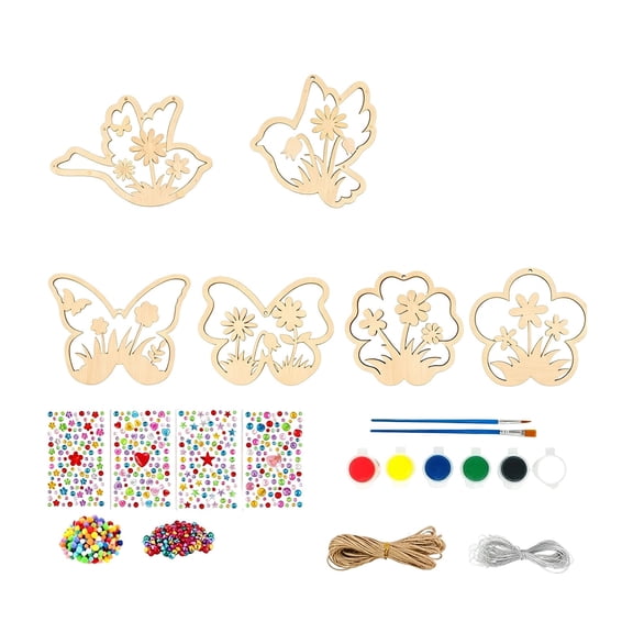 24 PCS Spring Wooden Crafts Kits For Kids DIY Painting Bird Butterflies Ornament Set With Gems Paints Brushes 32x22x2.4cm