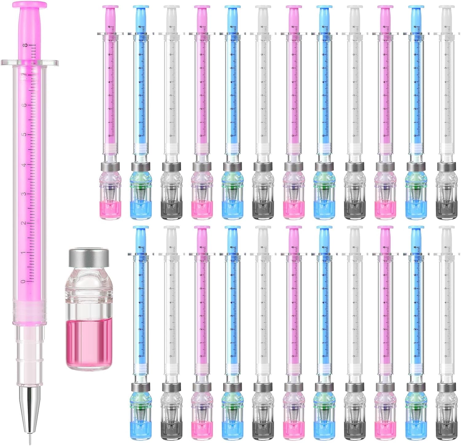 24 PCS Syringe Pen Bulk, 0.5mm Black Ink Needle Pens for Writing - 6.18in Syringe Pens for Nurses, Medical Theme Gel Pen, Office Party Favors(White, Blue, Pink)