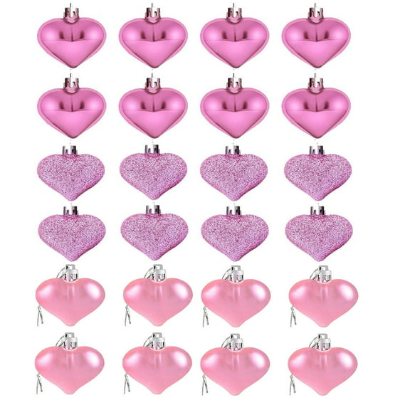 24 PCS Valentines Heart Ornaments 1.77Inch Shiny Pink Heart Ornament for Christmas Tree Handcrafted Holiday Decoration Xmas Wedding Anniversary Valentine's Day Mother's Day Birthday