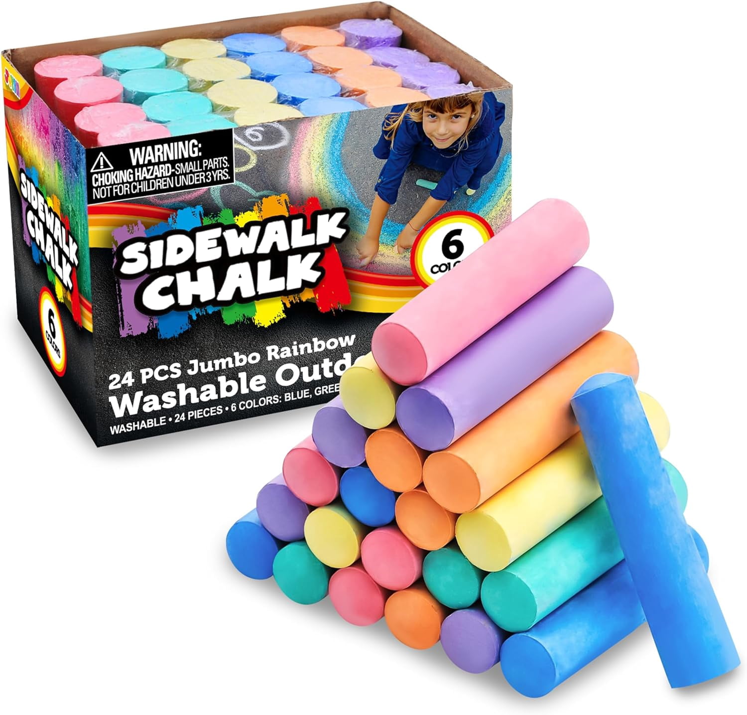 Six Chalks 24 PCS Washable Sidewalk Chalks Set Non-Toxic Jumbo Chalk for Schools ...
