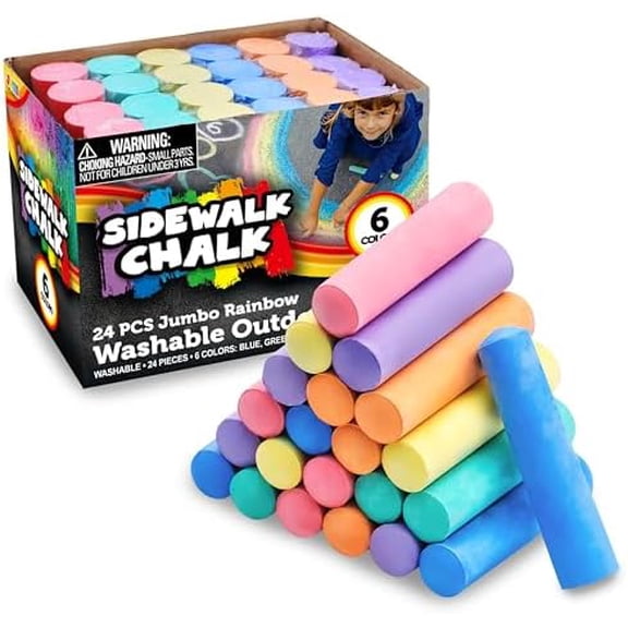 24 PCS Washable Sidewalk Chalks Set Non-Toxic Jumbo Chalk for Schools, Outdoor Art Play, Paint on Chalkboard, Blackboard and Playground (6 Colors)