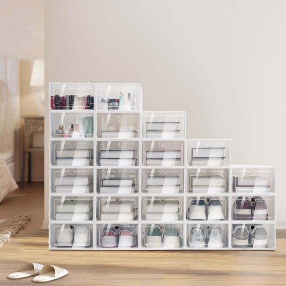 24 PCS White Plastic Stackable Shoe Storage Organizer Clear Storage Box Display Case Box, Applicable Shoe's Length Size: 31cm/12.2inch