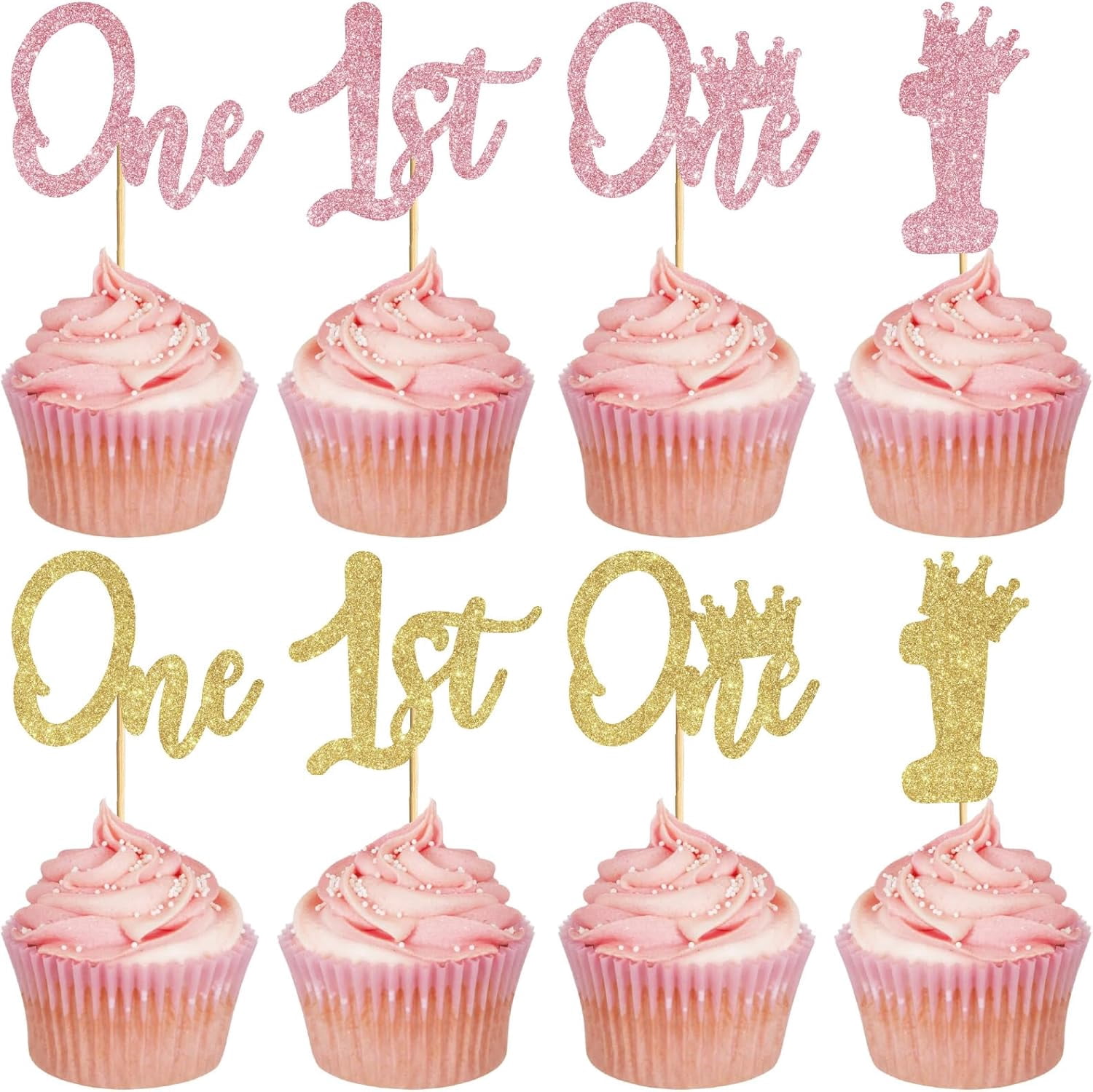 24 PCs 1st Birthday Cupcake Toppers Glitter First Birthday One Cupcake ...