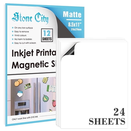 24 PK Stone City Printable Magnetic Sheets 8.5x11, Matte White Magnet Photo Paper Compatible with Inkjet + Laser Printers, Cutters