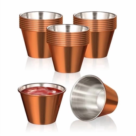 Fit Meal Prep [24 Pack 1.5 oz Stainless Steel Sauce Cups - Copper Plated Individual Round Condiments Ramekins, Commercial Grade Safe/Portion Dipping Sauce Kitchen Set