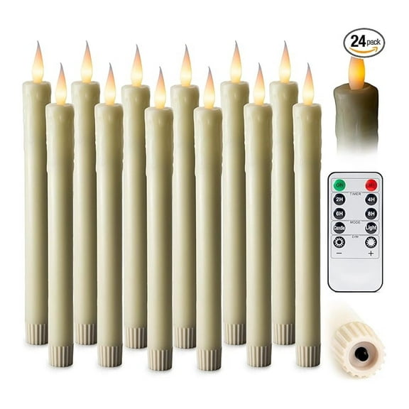 24 Pack, 10" LED Flameless Real Wax Drip Taper Pillar Candles w/ Controller, On/Off Button, Dimmable, Flicker/Static Mode, Battery Operated, Christmas Menorah Home Wedding Dcor