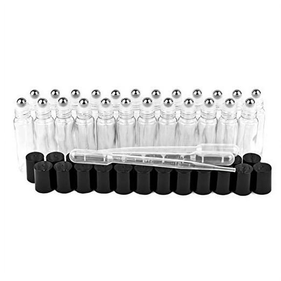 24 Pack - 10 ml Clear Glass Roll-on Bottles with Stainless Steel Roller Balls - Including 3 FREE Plastic 3 ml Droppers - GreenHealth