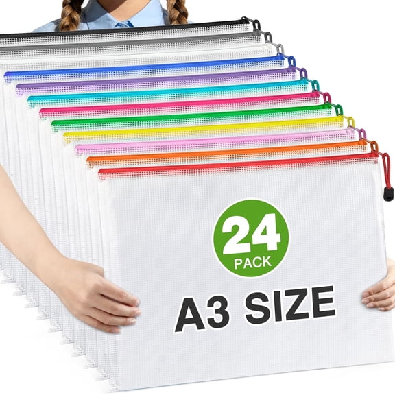 24 Pack 12 Colors Zipper Pouches for Organizing, A3 Size (16.9 x 12.4), Big mesh Bags, Zipper Bags for Puzzles & Board Game Storage, Office Supplies Travel Toiletries