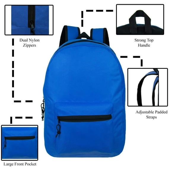 24 Pack - 15 Inch Wholesale Classic Basic Backpack in 6 Assorted Colors - Bulk Case of Bookbags