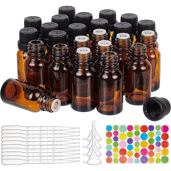 24 Pack 15ml Brown Glass Essential Oil Bottles Refillable Container Kits with Plastic Droppers Funnel Hoppers and Sticker for DIY