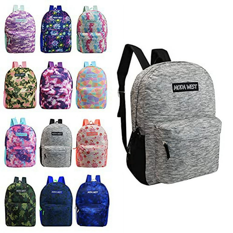 24 Pack 17 Inch Classic Wholesale Backpacks in Assorted Prints Bulk Case of Bookbags