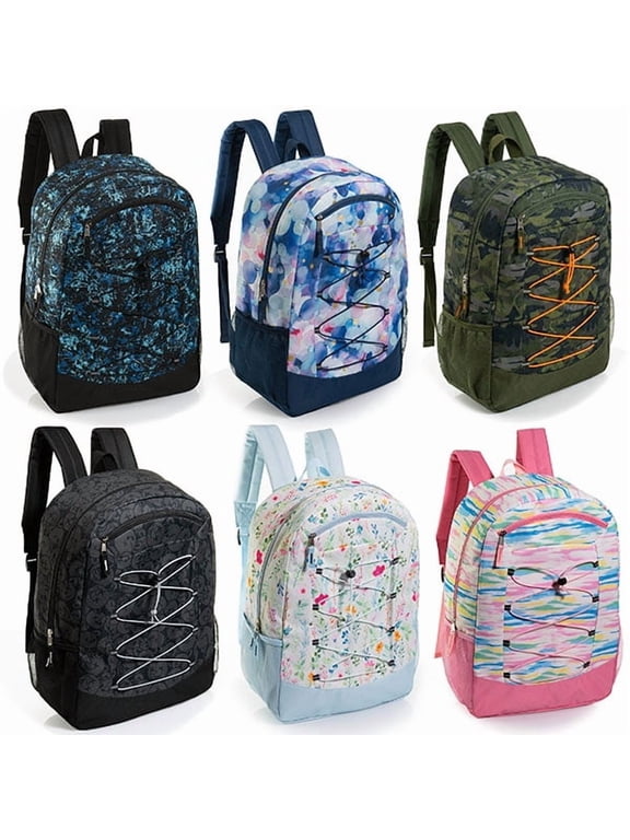 24-Pack 19" Bungee Cord Backpacks for Kids - Bookbags in Bulk for Elementary, Middle, and High School Students, 6 Assorted Prints