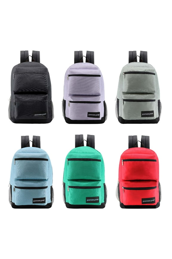 24 Pack - 19'' Inch Deluxe Wholesale Backpacks in 6 Assorted Colors - Bulk Case of Bookbags