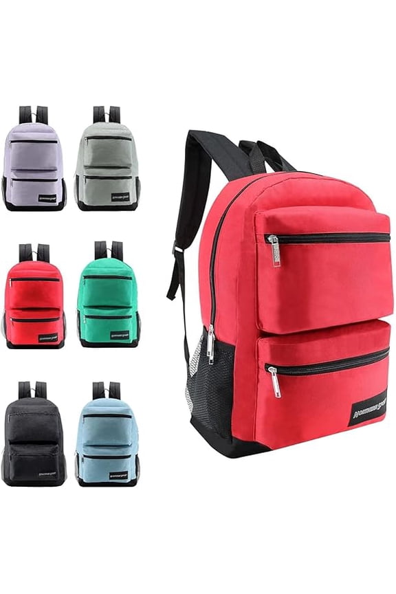 24 Pack - 19'' Inch Deluxe Wholesale Backpacks in 6 Assorted Colors - Bulk Case of Bookbags