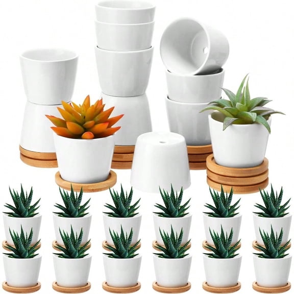 24 Pack 2.5 Inch Mini Succulent Plant Pots Small Ceramic Flower Pot with Bamboo Tray Garden Cactus Herb Container Home Office Decoration for Christmas Birthday Wedding Favor Gifts White