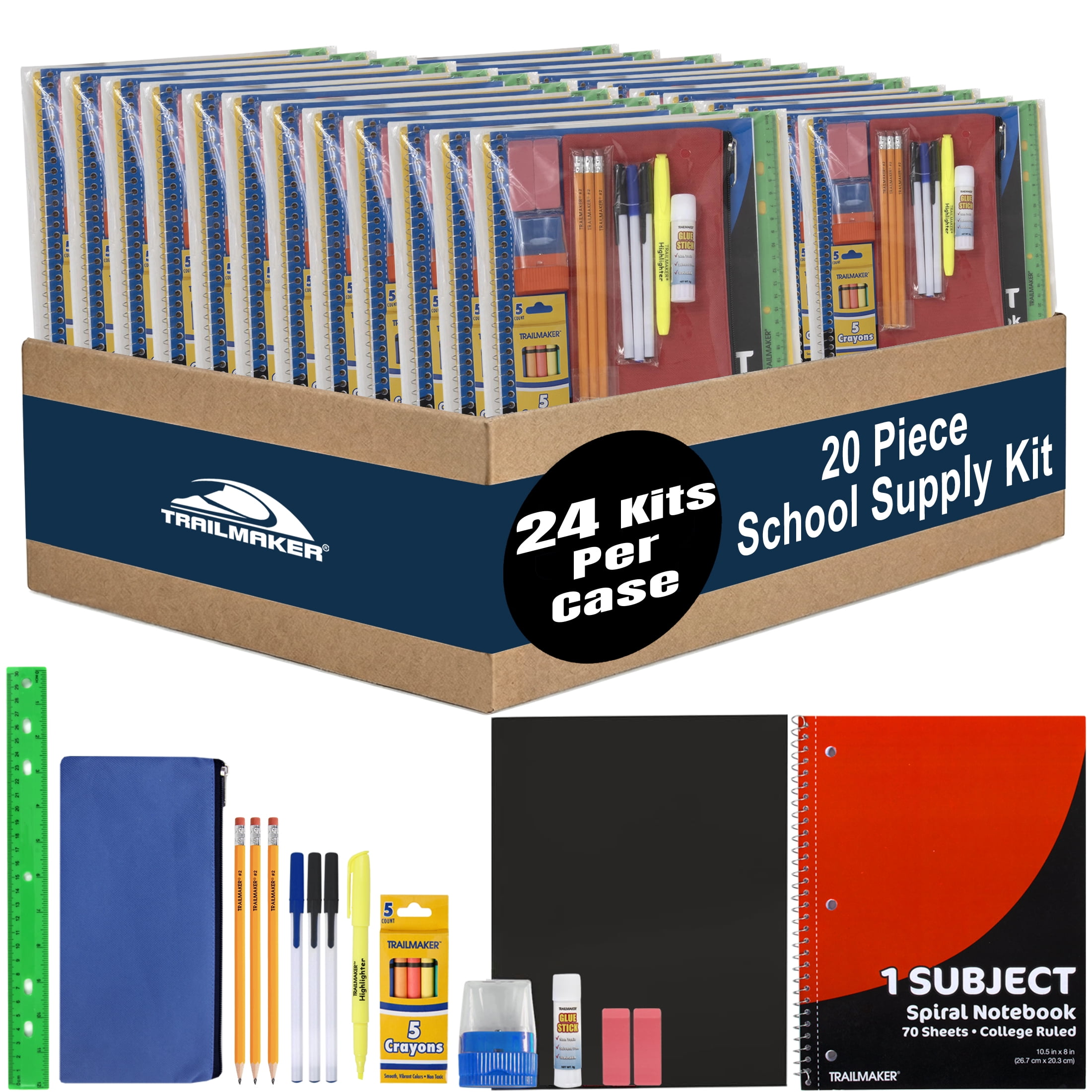 24 Pack of 20 Piece Stationary Kits Containing 1 Spiral Notebook, 1 Colored Folder, 3 Ballpoint Pens, 3 Pencils,  5 Crayons, 2 Erasers, 1 Pencil Case, 1 Sharpener & More!