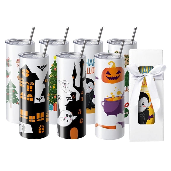 24 Pack 20oz Skinny Straight Stainless Steel Sublimation Tumblers Blank Double Wall Heat Transfer Customized Gifts with Lid Straw Gift Box