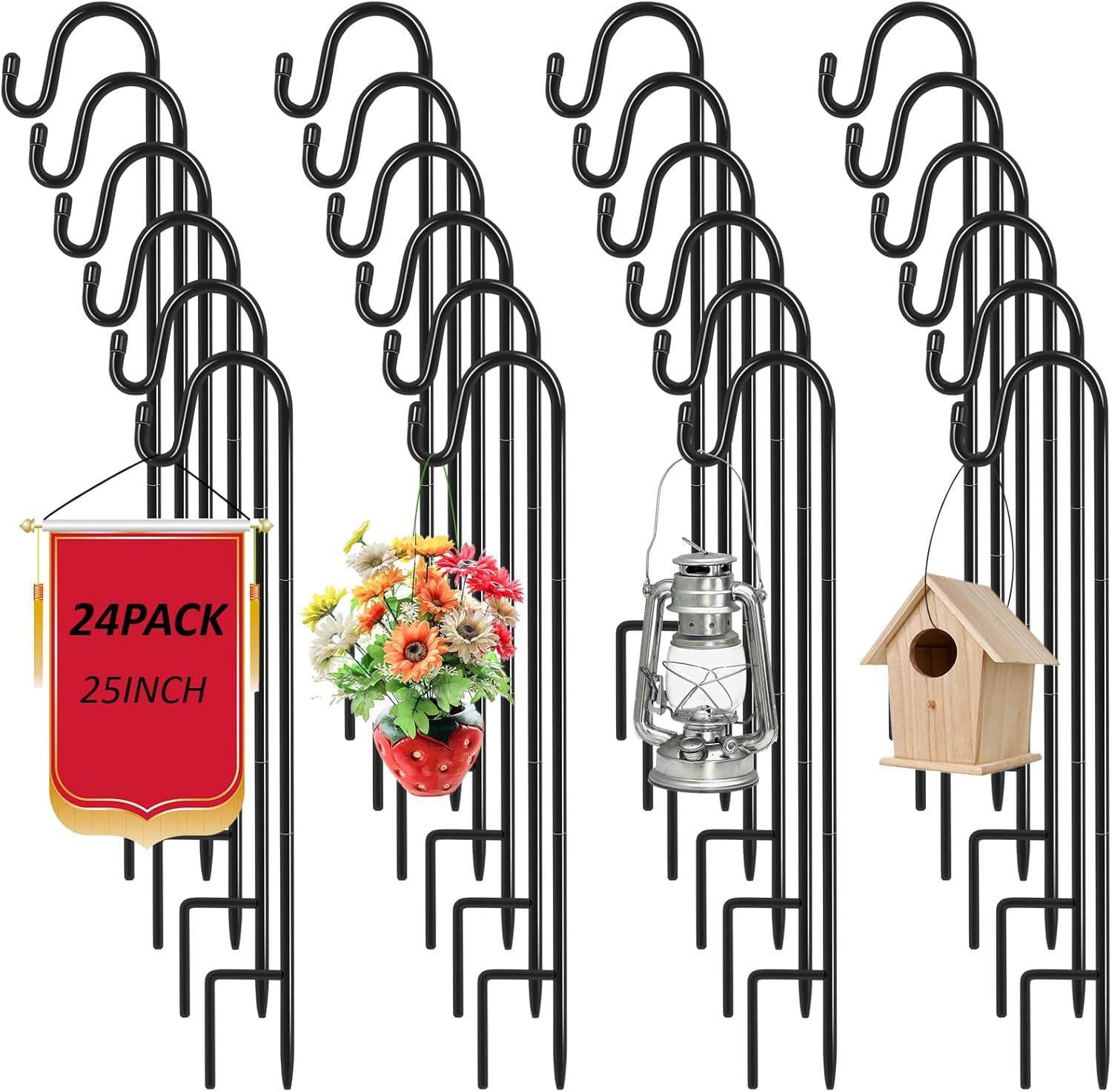 24 Pack 25 Inch Shepherds Hooks Outdoor Plant Hanger Metal Shepherd's Hook Black Garden Bird Feeder Pole for Hanging Solar Lanterns Flower Basket Jars Christmas Lights Wedding Decor