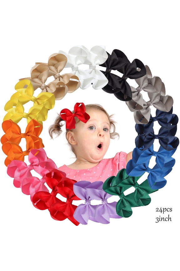 24 Pack 3 Inch Solid Color Hair Bows for Girls - Large Ribbon Hair Bows Clips, Cute Hair Accessories for Toddlers Kids, Perfect for Daily Wear, Party, School