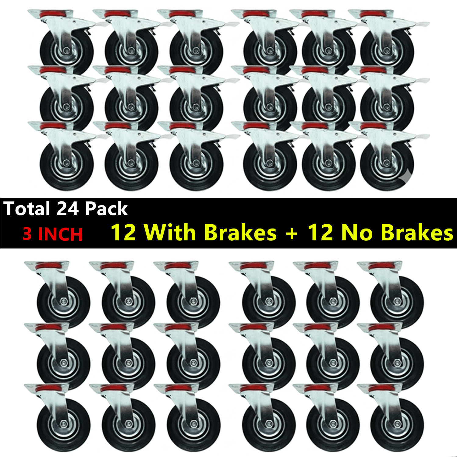 24 Pack 3" Swivel Caster Wheels (12 without Brakes & 12 with Brakes) Top Plate, Heavy Duty Rubber Wheels, Smooth Ball Bearings, Quiet Rolling Casters for Furniture, Carts, Workbench, Industrial Use