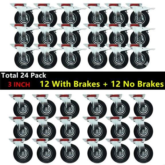 24 Pack 3" Swivel Caster Wheels (12 without Brakes & 12 with Brakes) Top Plate, Heavy Duty Rubber Wheels, Smooth Ball Bearings, Quiet Rolling Casters for Furniture, Carts, Workbench, Industrial Use