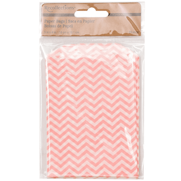 24 Pack 3 in x 4 in Chevron Paper Bags, Charming, Durable Gift Bags for Parties, Baby Showers, Birthdays, Weddings, DIY Crafts, Favors, Fold Over Closure, Cute Modern Design, Light Pink