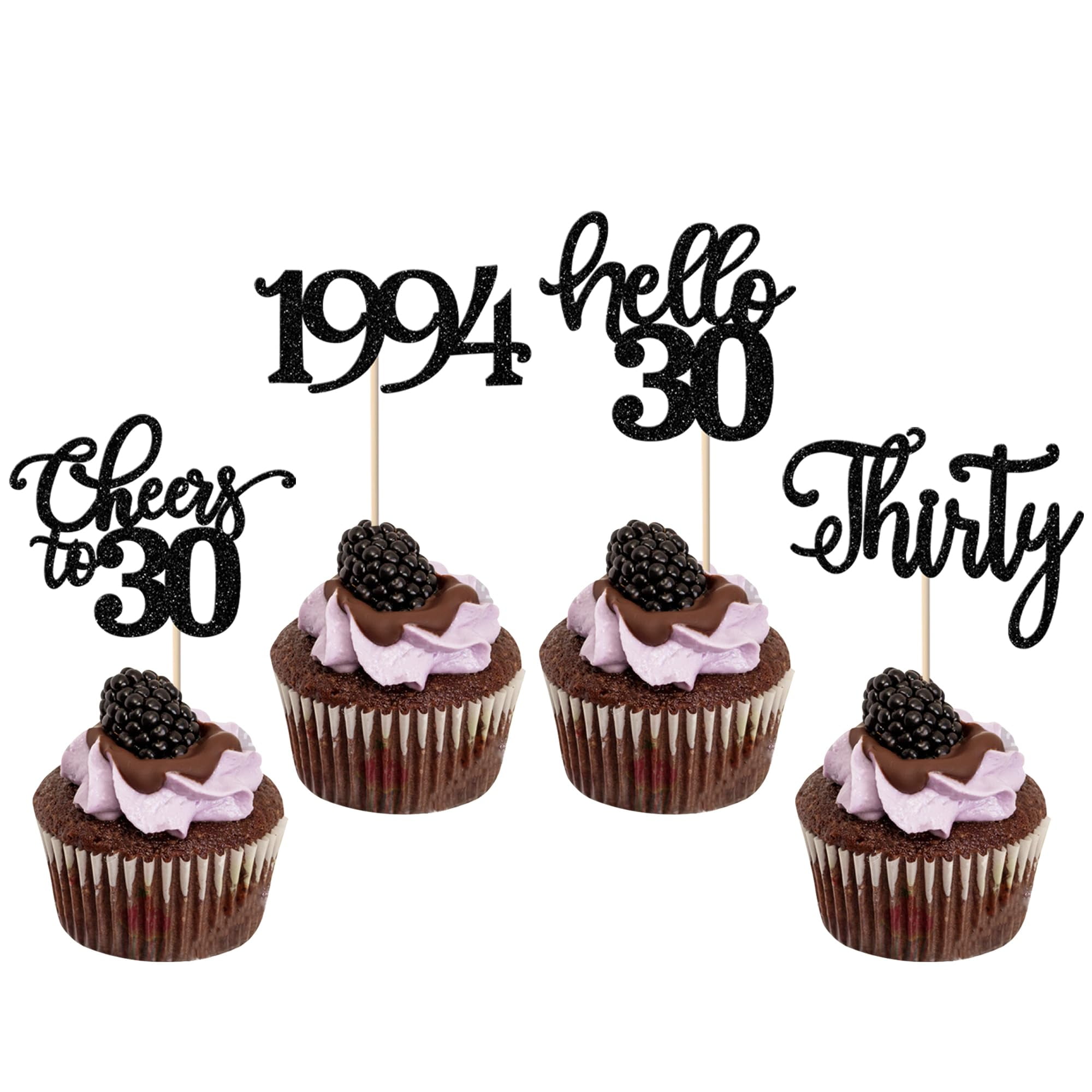 24 Pack 30th Birthday Cupcake Toppers Glitter Thirty Since 1994 Cheers to 30 Cupcake Picks Hello 30 Years Birthday Cake Decorations for Happy 30th Birthday Anniversary Party Supplies Black