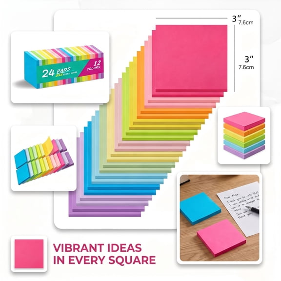 24 Pack 3x3 Inch Sticky Notes, Bright Rainbow Self Adhesive Post It Notes for Desk, Strong Stick Removable Paper Pads for Office School Home Organization Laptop Monitor