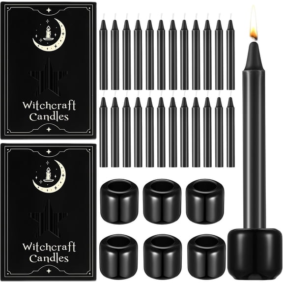 24 Pack 4 Inch Mini Black Taper Candles Sticks and 6 Spell Candle Holders for Spell Candles for Rituals, Birthdays, Meditation, , Spells