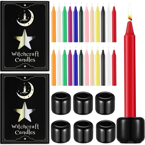 24 Pack 4 Inch Mini Colored Taper Candles Sticks and 6 Spell Candle Holders for Spell Candles for Rituals, Birthdays, Meditation, , Spells