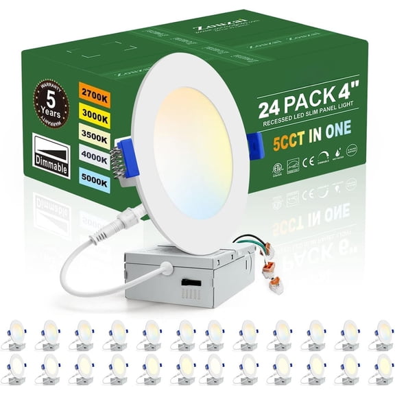 24 Pack 4 Inch Ultra-Thin LED Recessed Ceiling Light with Junction Box 5CCT Adjustable Dimmable Can- Downlight - ETL and Energy Certified (24 Pack 5CCT White, 4 Inch)