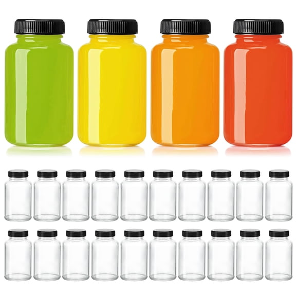 24 Pack 4 OZ Reusable Clear Glass Juice Shot Bottles with Caps