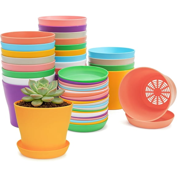 24 Pack 4" Small Plastic Plant Flower Pot with Saucers, Seedlings Nursery Pots Planter with Pallet Planting Gardening Containers - Assorted 8 Colors