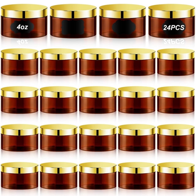 24 Pack 4 oz Amber PET Cosmetic Jars with Gold Lids and Labels for ...