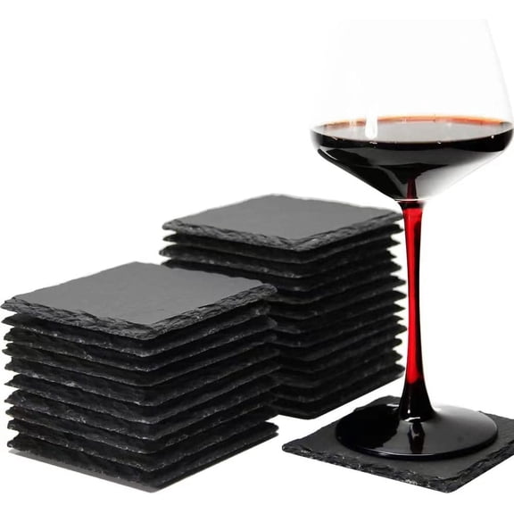 24 Pack 4 x 4 Inch Gorgeous Black Slate Stone Coasters Bulk Square Coaster for Laser Engraving,Painting,Drink Bar Kitchen Home,DIY Handmade Natural Rough Edge,Set of 24