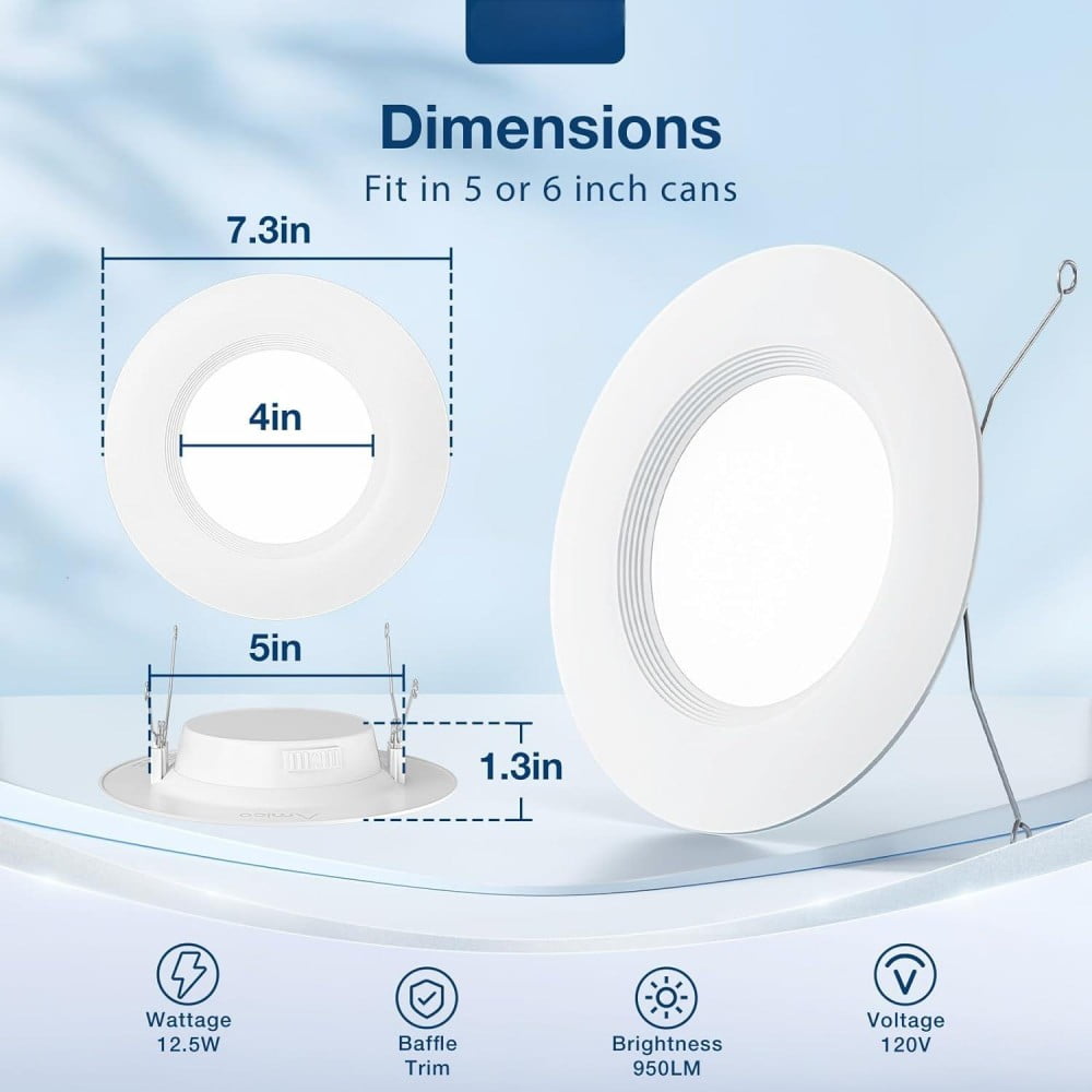 24 Pack 5/6 inch 5CCT LED Recessed Lighting, Dimmable, 12.5W=100W, 950LM, 2700K/3000K/4000K/5000K/6000K Selectable, Retrofit Can Lights with Baffle Trim, IC Rated - ETL & FCC, White