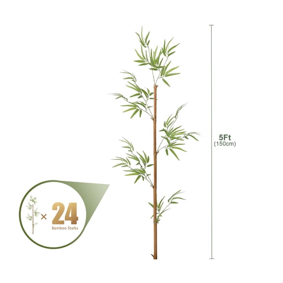 24 Pack 5FT Artificial Bamboo Privacy Screen - Faux Bamboo Plant Outdoor with Real Bamboo Poles, UV Resistant Dense Leaves Tall Fake Bamboo Fence Cover for Patio Backyard Balcony Wall Decor